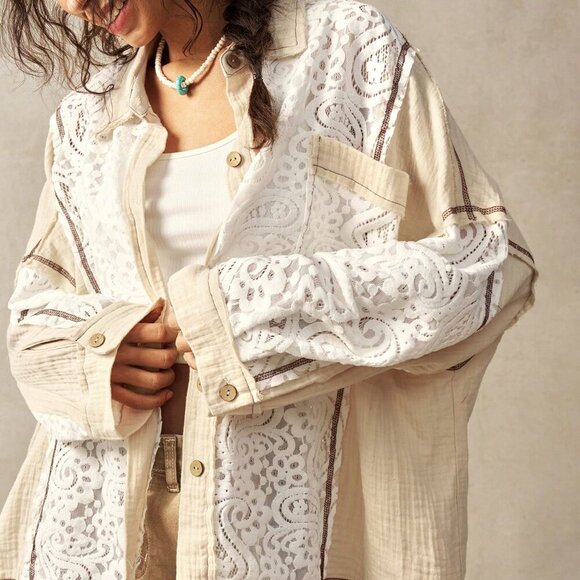 Multicolor Casual Women's Woven Contrast Lace Loose Lapel Front Open Blouse - Picture 3 of 7